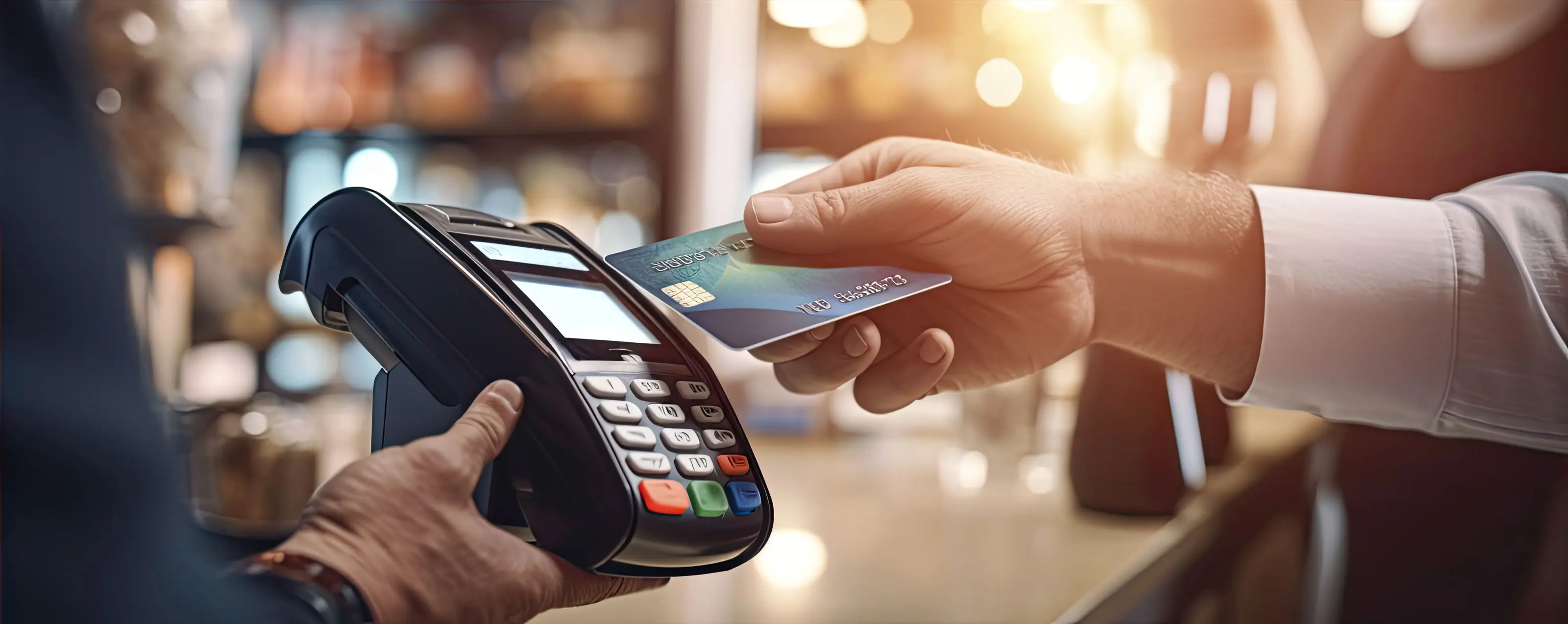 man presenting credit card to a payment terminal